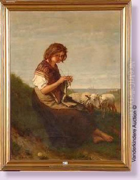 Jeune Bergere Et Son Troupeau Au Bord De La Mer - view 1