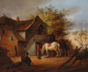 A White Horse And Somefigures By A Farm by Eugene Francois De Block