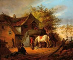 A White Horse And Some Figures By A Farm A White Horse And Some Figures By A Farm