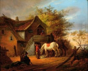 A White Horse And Several Figures By A Farm by Eugene Francois De Block