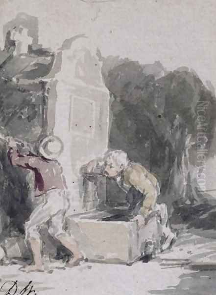 Boys Playing by a Fountain - view 1