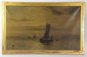 Tug With Square Rig Ship And Fishing Boat In A Continental Harbour by Gustave de Breanski