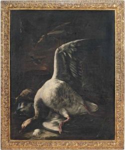 A Goose, Snipe And Duck With A Hawk And A Basket, A Rifle On A Bank by Baldassare De Caro