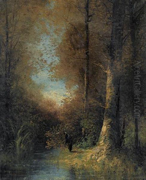 Herbstwald Mit Angler Am Bach - view 1
