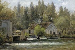Souvenir De Gasny, Eure: Fishermen By A Watermill by Cesar De Cock