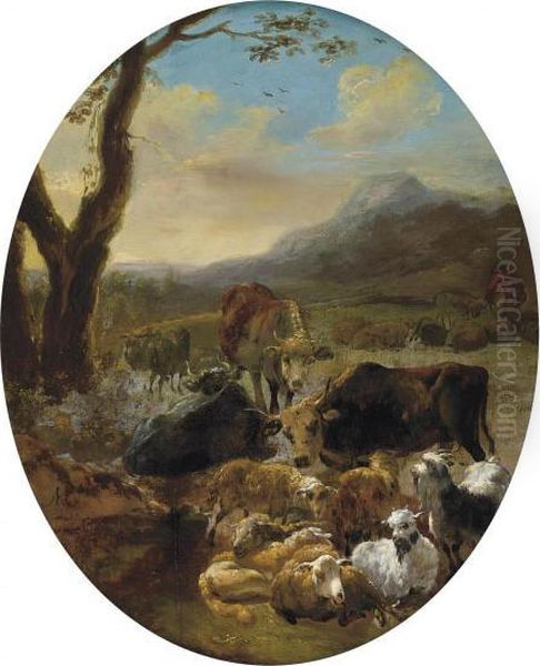 A Wooded Mountainous Landscape
With Cattle And Sheep At Rest, A Drover Beyond, In A Feigned Oval - view 1