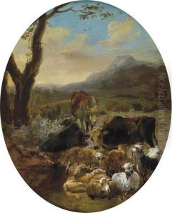 A Wooded Mountainous Landscape
With Cattle And Sheep At Rest, A Drover Beyond, In A Feigned Oval A Wooded Mountainous Landscape
With Cattle And Sheep At Rest, A Drover Beyond, In A Feigned Oval