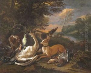 Huntsmen With Hunting Dogs And Game by Adriaen de Gryef