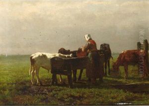 Feeding The Calves by Johannes-Hubertus-Leonardus de Haas