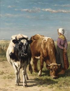 Herdess With Cattle In A Summer Landscape