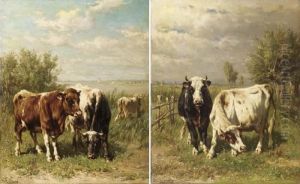 Cows In A Sunlit Riverlandscape; Cows In A Meadow Cows In A Sunlit Riverlandscape; Cows In A Meadow