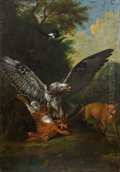 Greifvogel, Hase, Fuchs Und Elster In Bewaldeter Landschaft - view 1