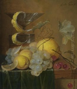 Still Life With A Wine Glass, 
Lemon Peel, Peaches, Grapes And Cherries On The Corner Of A Partly 
Draped Wooden Table by Jan Davidsz De Heem