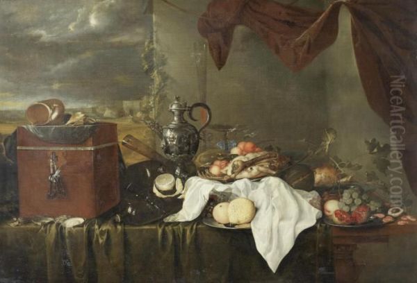 A Still Life Of Shells On A
Velvet Covered Box, Beside Oysters, A Silver Ewer, Glasses, Bottles, A
White Cloth And Silver Dishes Of Meat And Fruit On A Table Draped With A
Green Cloth, Beneath A Mauve Curtain, A View Of A Coastal Landscape
Beyond - view 1