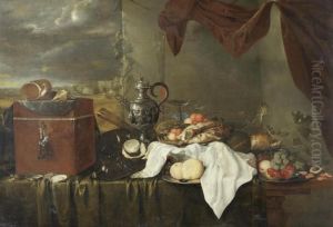 A Still Life Of Shells On A
Velvet Covered Box, Beside Oysters, A Silver Ewer, Glasses, Bottles, A
White Cloth And Silver Dishes Of Meat And Fruit On A Table Draped With A
Green Cloth, Beneath A Mauve Curtain, A View Of A Coastal Landscape
Beyond by Jan Davidsz De Heem