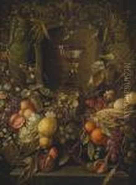 Garlands Of Fruit And Flowers Surrounding A Cartouche Enclosing A Berkemeyer Glass - view 1