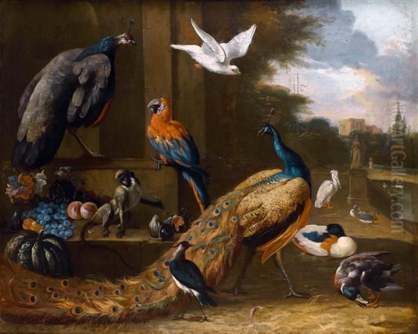 Oiseaux D'ornement : Paons,
Perroquets, Pelican Et Singe Dans Le Parc D'un Palais Classique - view 1
