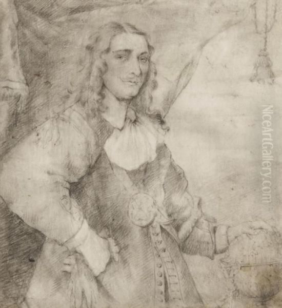 Portrait Of A Gentleman,
Traditionally Identified As Jacob Teding Van Berkhout , Three-quarter
Length, Standing Before A Half-drawn Curtain, His Hand On A Globe - view 1