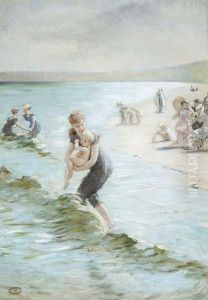 Vue De Plage Animee by Gustave Leonhard de Jonghe