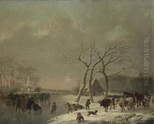 Figures Skating On A Frozen Lake In A Winter Landscape by Leendert de Koningh