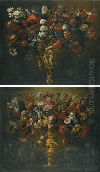 A Pair Of Flower Still Lifes In Sculpted Vases - view 1