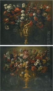 A Pair Of Flower Still Lifes In Sculpted Vases by Gabriel De La Corte