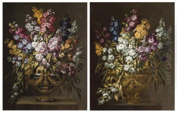 A Pair Of Still Lifes Of Flowers In Elaborate Gilt Urns, Each On A Stone Pedestal - view 1