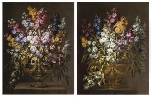 A Pair Of Still Lifes Of Flowers In Elaborate Gilt Urns, Each On A Stone Pedestal by Gabriel De La Corte