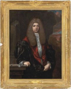 Portrait Of A Gentleman, 
Three-quarter-length, In A Red Coat And Black Robe, In A Landscape