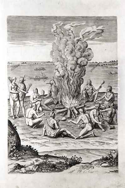 Indians praying around a fire, engraving from Hariot's A Briefe and True Report of...Virginia, 1590, engraved by Theodor de Bry (1528-98) - view 1
