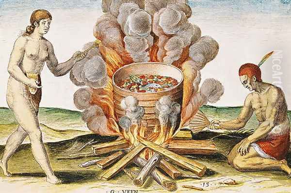 Cooking Food in a Terracotta Pot, from Admiranda Narratio... , engraved by Gysbert van Veen (1562-1628) engraved by Theodore de Bry (1528-98) 1585-88 - view 1