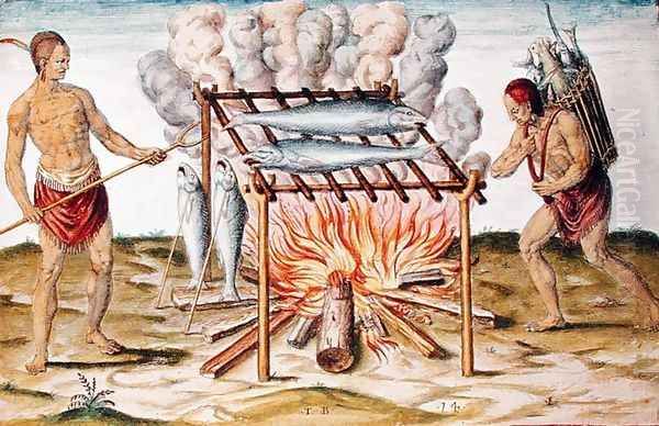 Cooking Fish, from Admiranda Narratio..., engraved by Theodore de Bry (1528-98) 1585-88 by John White