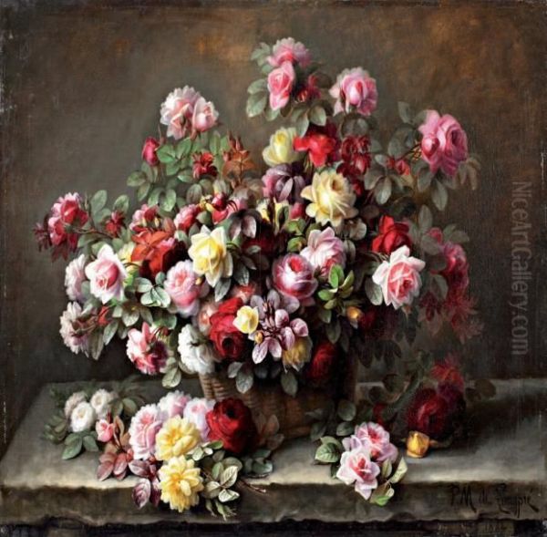 Panier De Roses Sur Un Entablement - view 1