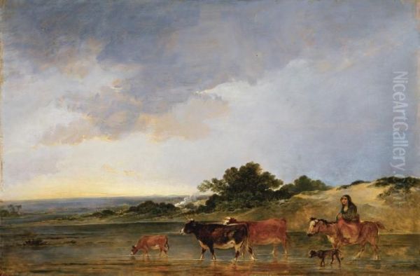 A Mounted Peasant And Her Cattle Fording A Stream - view 1