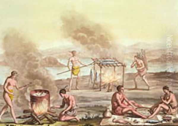 Indigenous natives from Florida preparing and cooking food - view 1