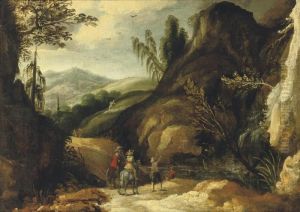 A Mountainous River Landscape With A Hunting Party Near A Waterfall by Joos De Momper