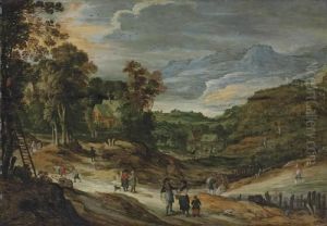 A Wooded Landscape With Cottages, Figures Picking Apples, Mountains Beyond by Philippe I De Momper