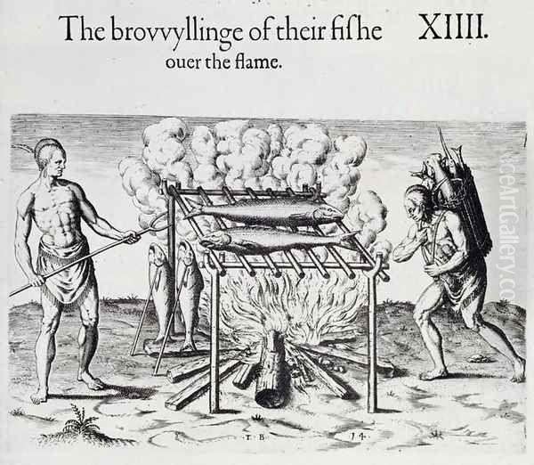 Cooking Fish, plate from A Brief and True Report of the New Found Land of Virginia by Thomas Harriot (1560-1621) pub. 1590 - view 1