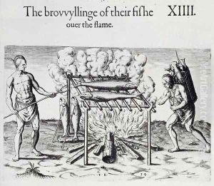 Cooking Fish, plate from A Brief and True Report of the New Found Land of Virginia by Thomas Harriot (1560-1621) pub. 1590
