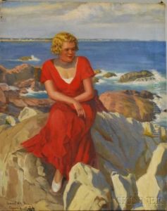 Woman Seated On A Rocky Shore, Ogunquit, Maine. by Ernest De Nagy