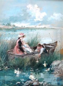 Woman And Children In A Boat With Playful Duck by Vicente Garcia de Paredes