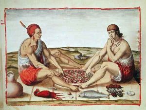 Indians eating a meal, page 77 from Admiranda Narratio..., engraved by Theodore de Bry (1528-98) 1585-88 by John White