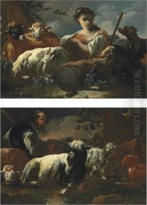 A Herdsman With Goats Resting In A Wooded Landscape