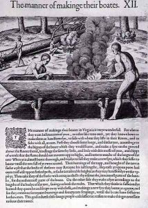 Indians Making Canoes, from Admiranda Narratio, engraved by Theodor de Bry (1528-1598) 1590