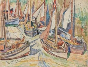 Barques De Peches Sechant Leurs Voiles Pres De Honfleur by Henri Lienard De Saint-Delis