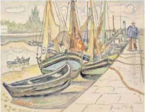 Honfleur, Voiliers A Quai A Maree Basse. by Henri Lienard De Saint-Delis