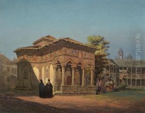 Calugari In Fata Manastirii Stavropoleos, In Lumina Dupa-amiezii by Carol Popp De Szathmari