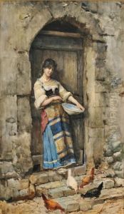 Portrait Of A Woman Feeding Chickens by Publio Tommasi