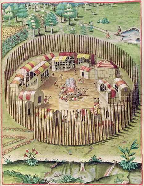 The Fortified Town of Pomeiooc, from Admiranda Narratio.., engraved by Theodore de Bry (1528-98) 1585-88 - view 1