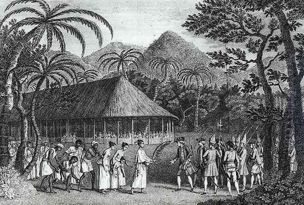 Captain Samuel Wallis (1728-1830) being received by Queen Oberea on the Island of Tahiti, from 'A Voyage to the Pacific Ocean' by James Cook (1728-79) engraved by John Hall (1739-97) - view 1